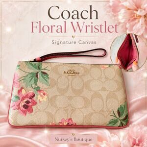 Coach F73368 Large Wristlet Signature Canvas Lily Print Khaki Pink Floral